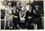 Group of three on the left are Alexander Wood, his wife Tina Stewart and their son Kenneth Wood. Group of three on the right are Harry Douglas Stables, his wife Isabella Margaret Wood and their daughter Constance Knight Stables. The elderly couple in the middle are Isabella Margaret Woods parents William Wood and Jeannie Knight. This picture was taken about 1927.